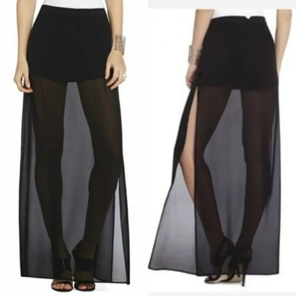 BCBGMAXAZRIA Beshoy Sheer Slit Overlay Split Maxi Skirt w/ Black Shorts XXS EUC